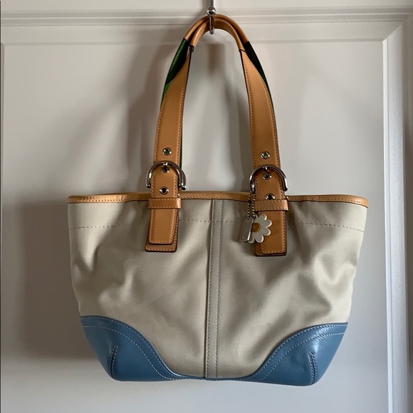 Coach canvas/leather zip-top color block tote. - Picture 1 of 8
